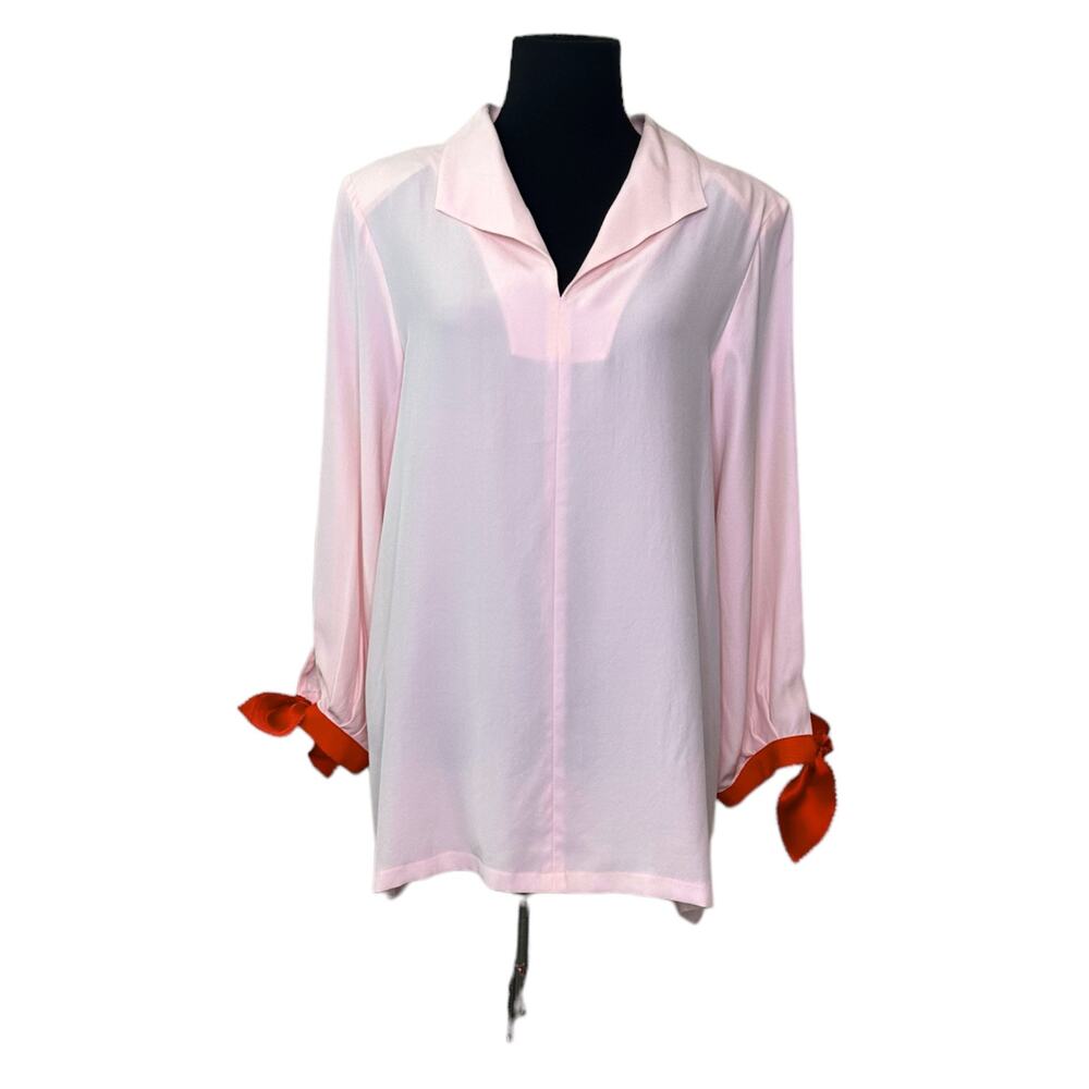 Dovima Paris Pink Silk long sleeves red wrist ties tunic top blouse size S